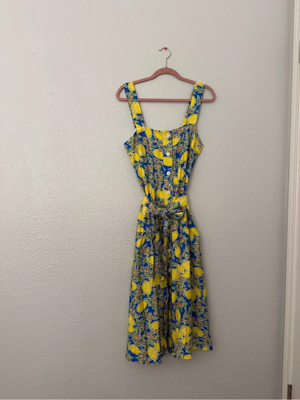 NWOT Yellow & Blue Lemon-Print Midi Dress with Tie Waist - Picture 9 of 16